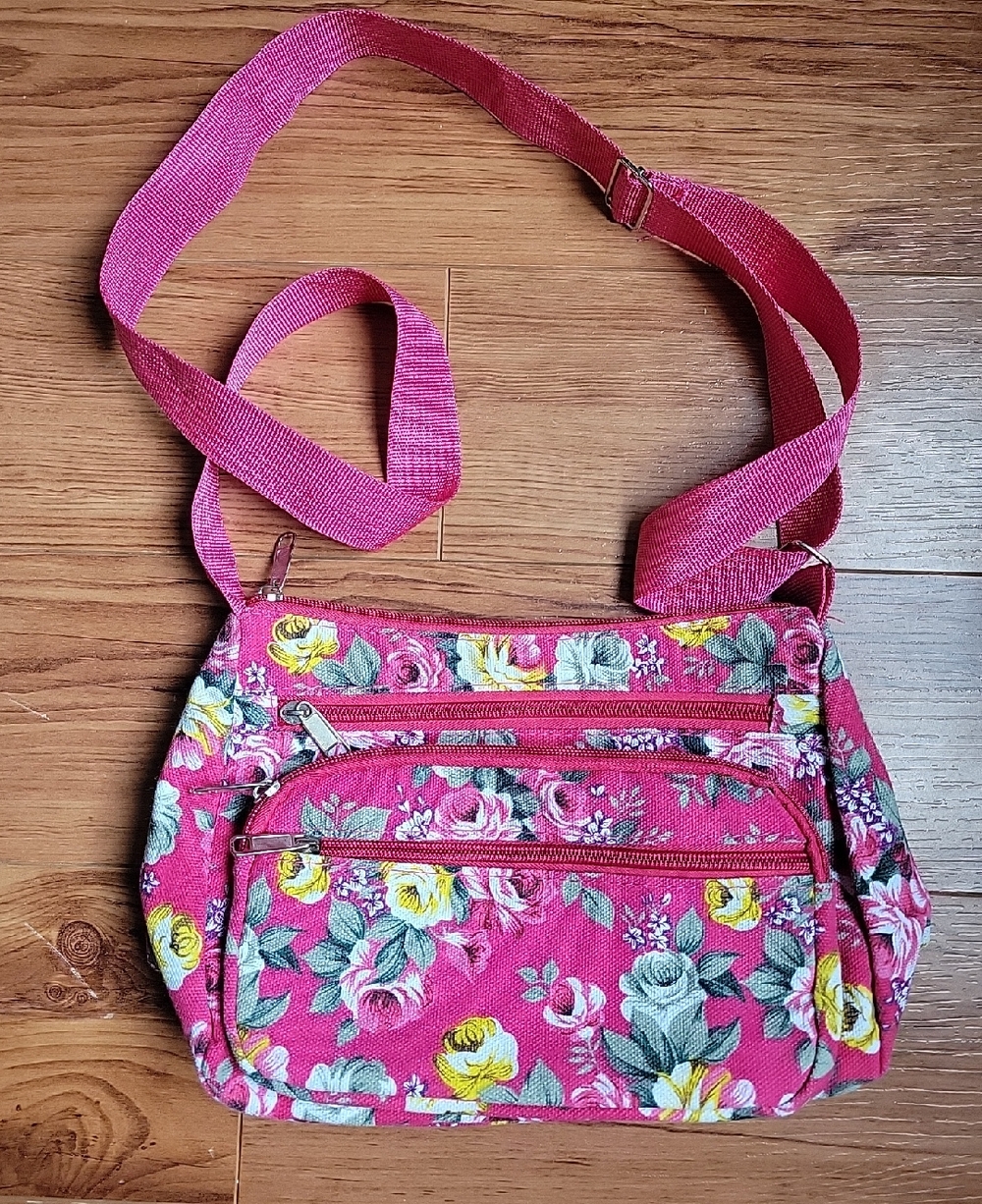 Pink Floral Crossbody Bag with Adjustable Strap